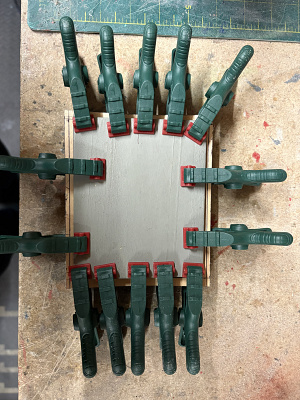 Plenty of clamps used to hold the assembly square while the glue dries.